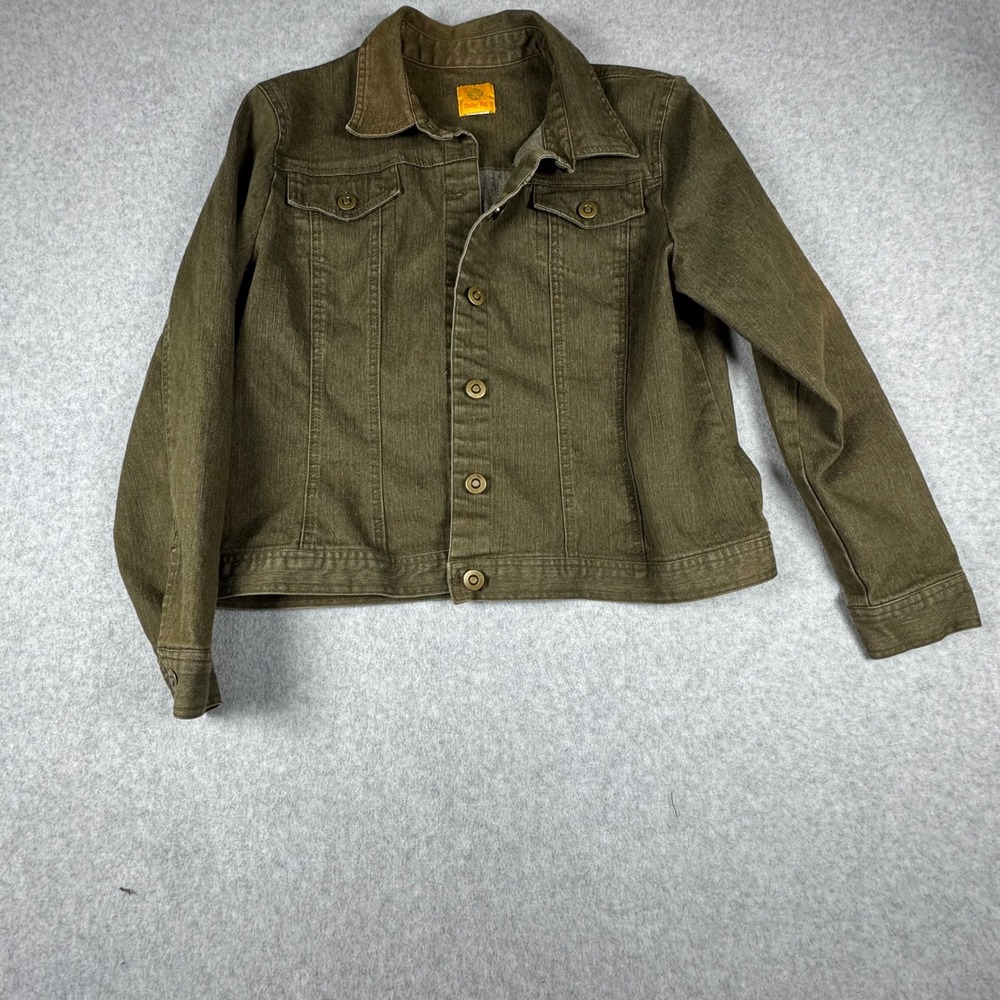 Ruby Rd Womens Olive Green Denim Jacket Ramie Cotton Blend Size 14 Utility Boho
